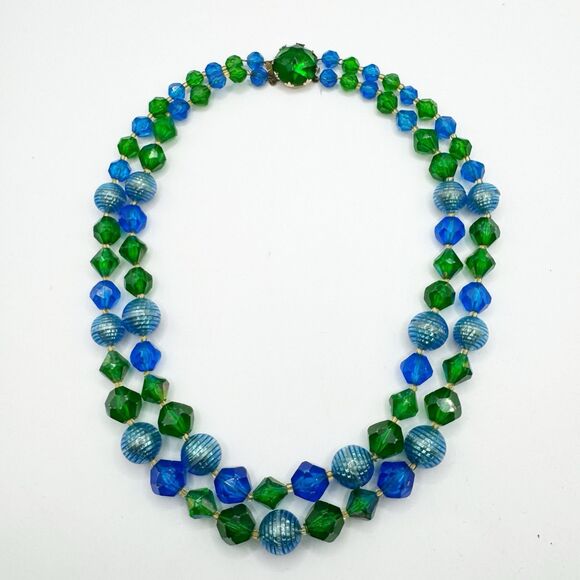 West Germany Vintage Blue Green Lucite Faceted Beaded Necklace 2 Strand MCM - Picture 13 of 16